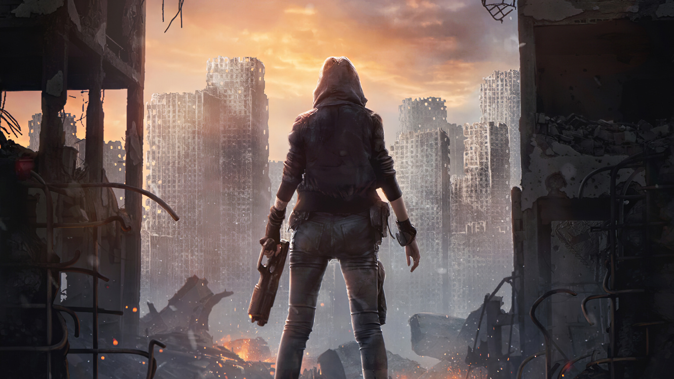 Обои здание, человек, облако, стояние, окно в разрешении 1366x768