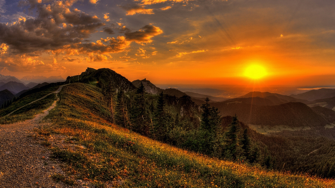 Обои закат, гора, холм, природа, природный ландшафт в разрешении 1366x768