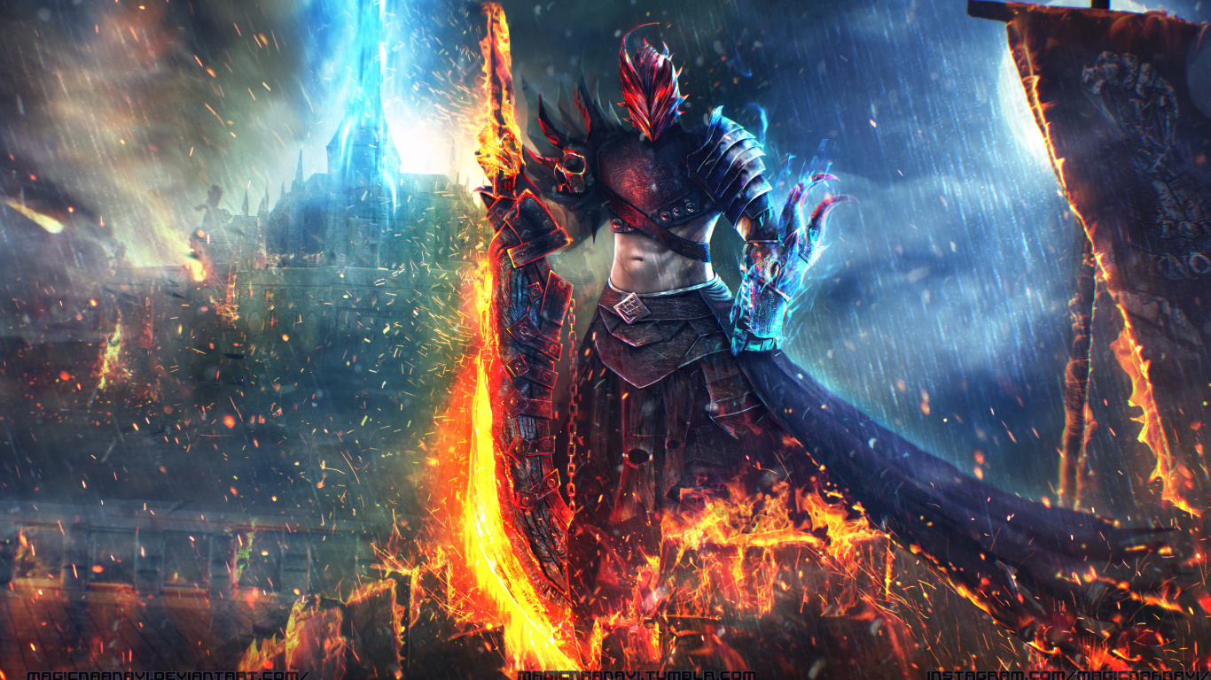 Обои демон, пламя, игры, иллюстрация, компьютерная игра в разрешении 1366x768