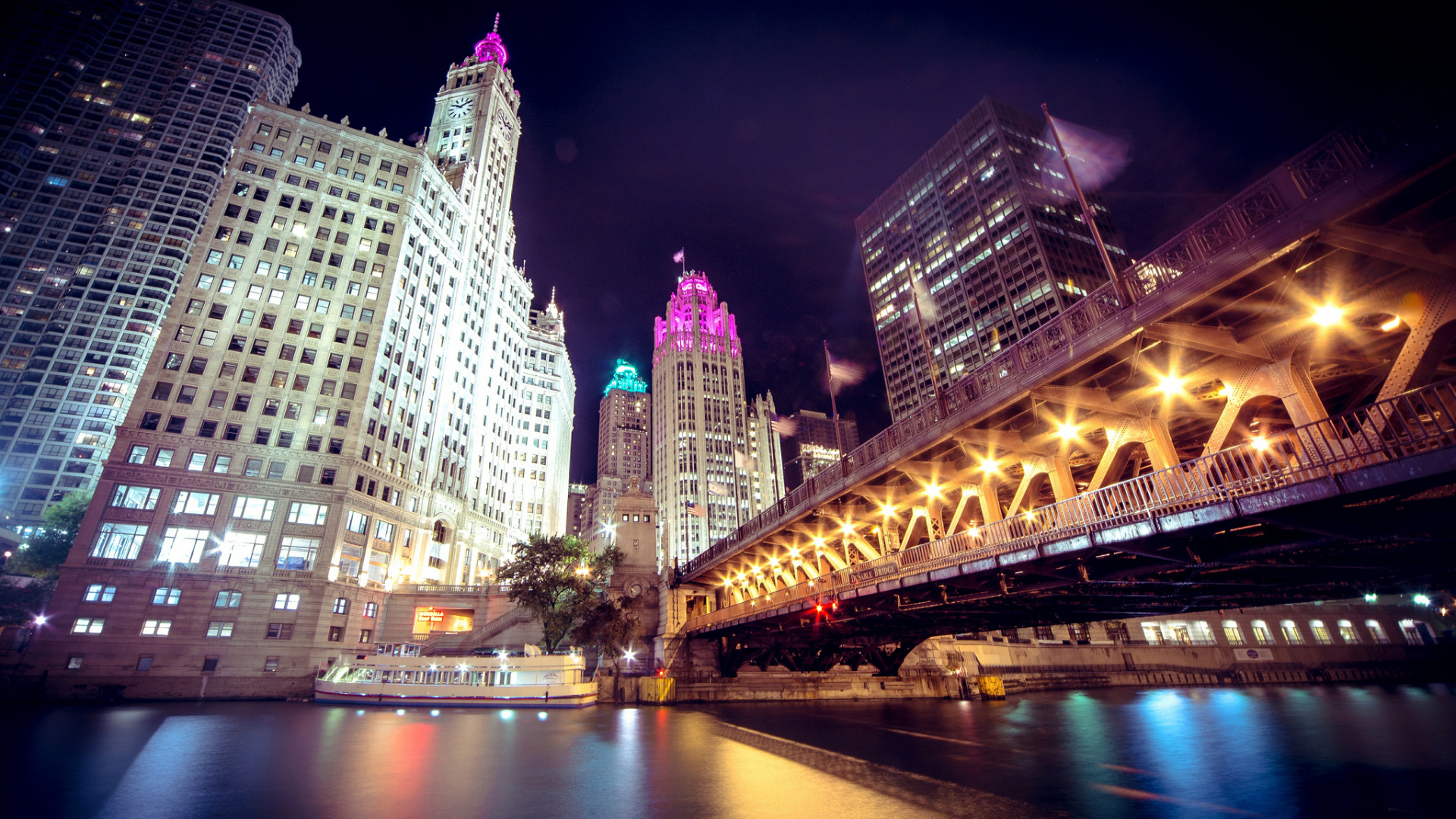 Обои Чикаго, ночь, архитектура, здание, город в разрешении 1920x1080