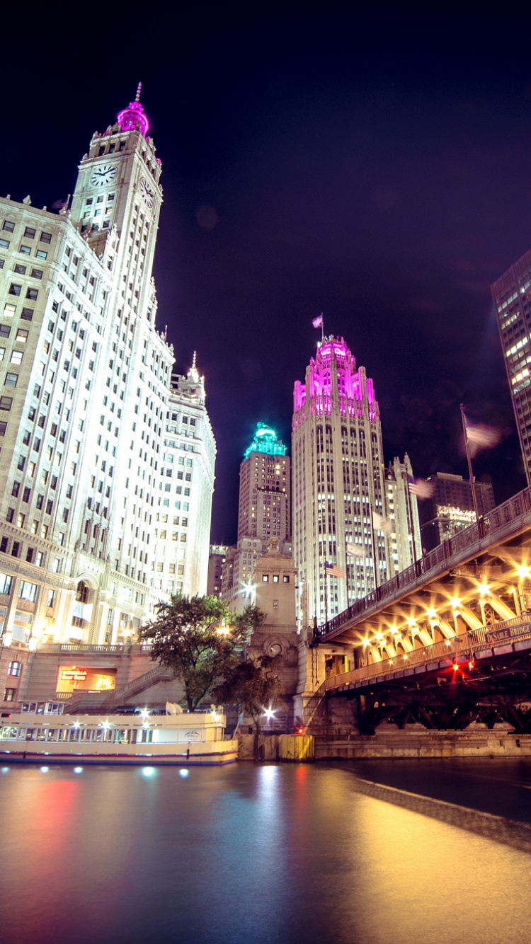 Обои Чикаго, ночь, архитектура, здание, город в разрешении 750x1334