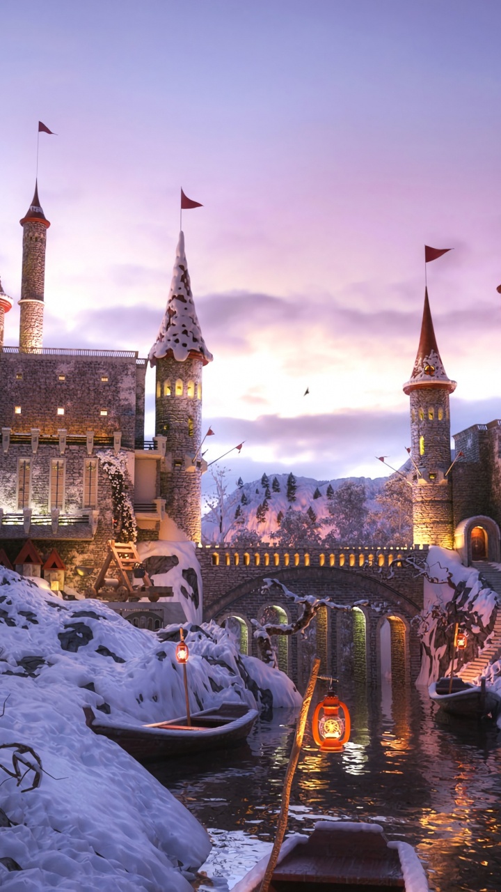 Обои снег, городок, архитектура, населенный пункт, ориентир в разрешении 720x1280