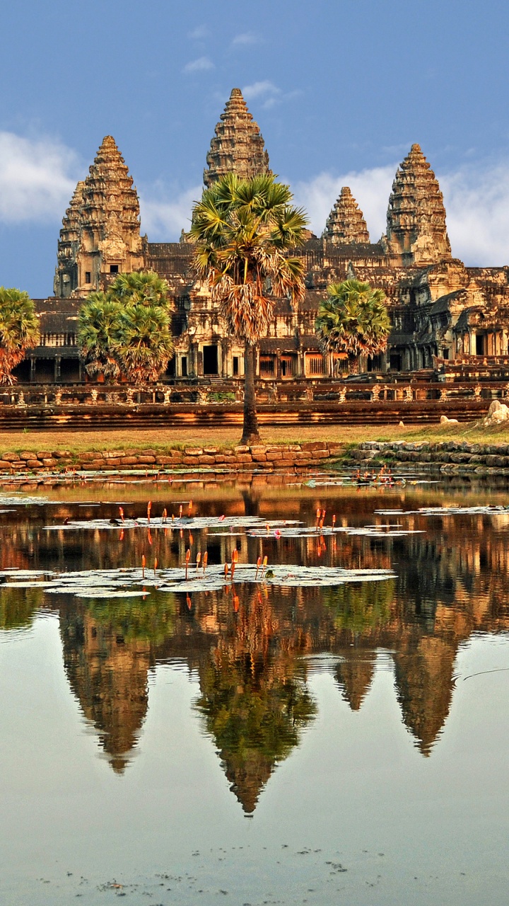 Обои Ангкор ВАТ, Пномпень, достопримечательность, отражение, ориентир в разрешении 720x1280
