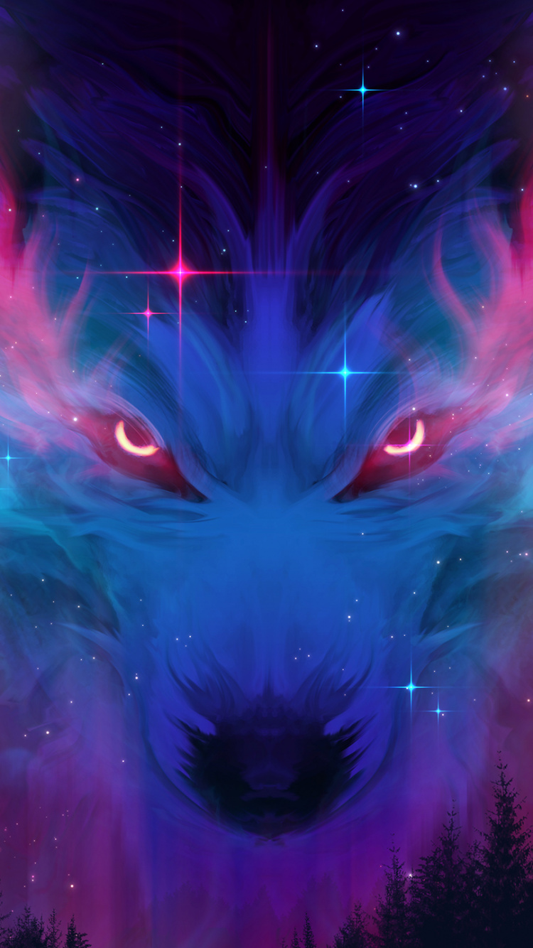 Обои волк, черный волк, пурпур, арт, газ в разрешении 750x1334