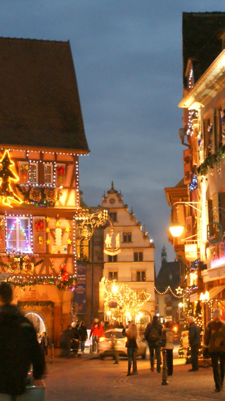 Обои Кольмар, городок, ночь, город, вечер в разрешении 750x1334