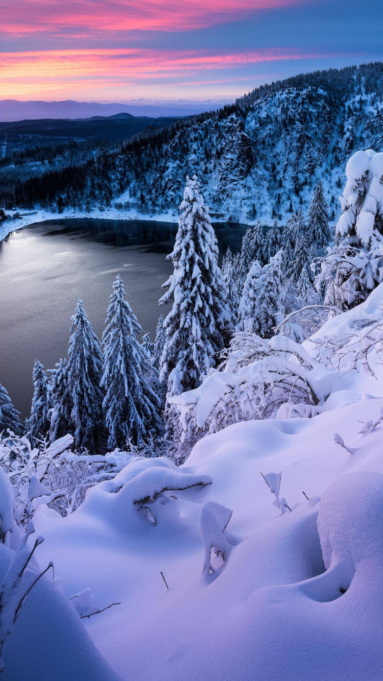 Обои зима, природа, природный ландшафт, снег, вода в разрешении 750x1334