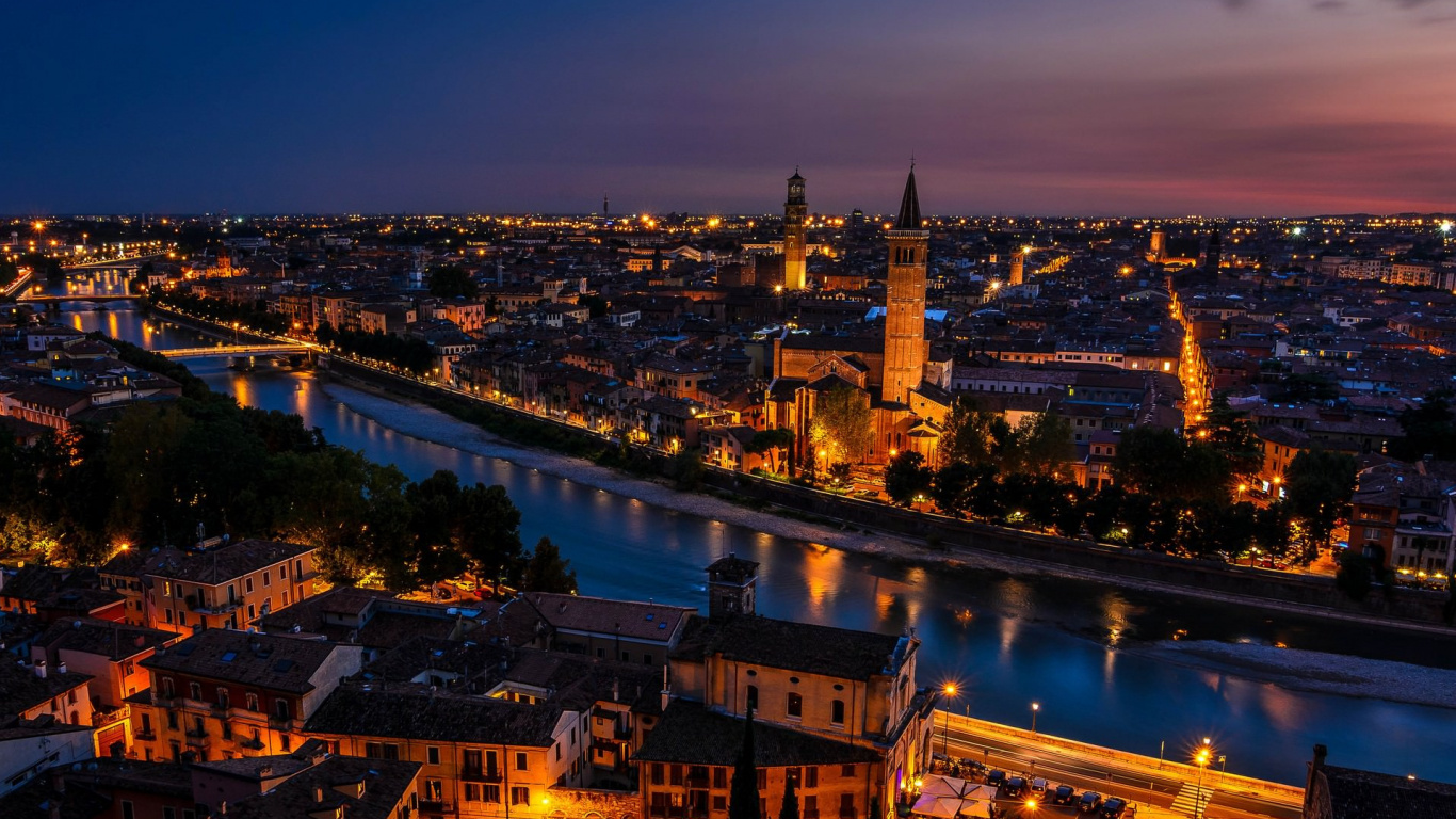Обои Верона, город, городской пейзаж, ночь, городской район в разрешении 1366x768