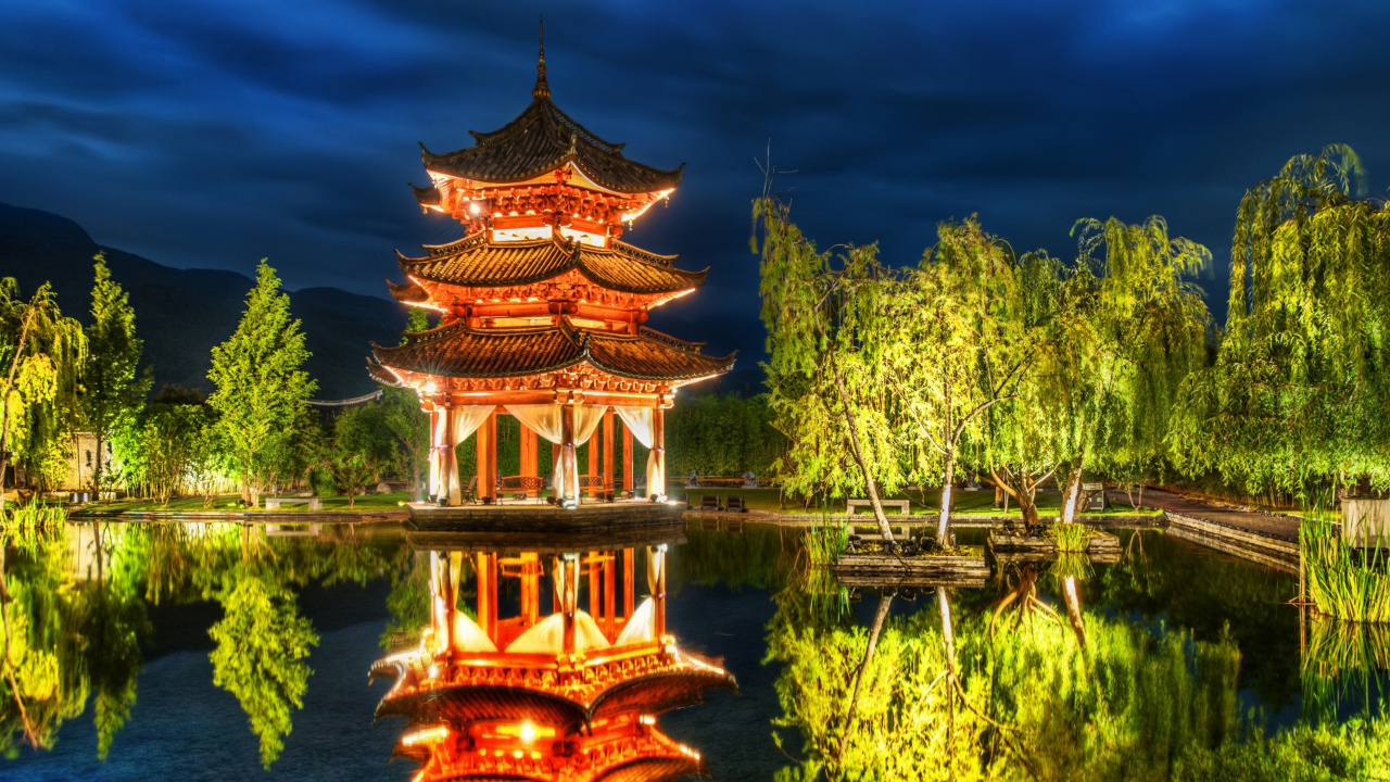 Обои природа, отражение, пагода, ориентир, китайская архитектура в разрешении 1280x720