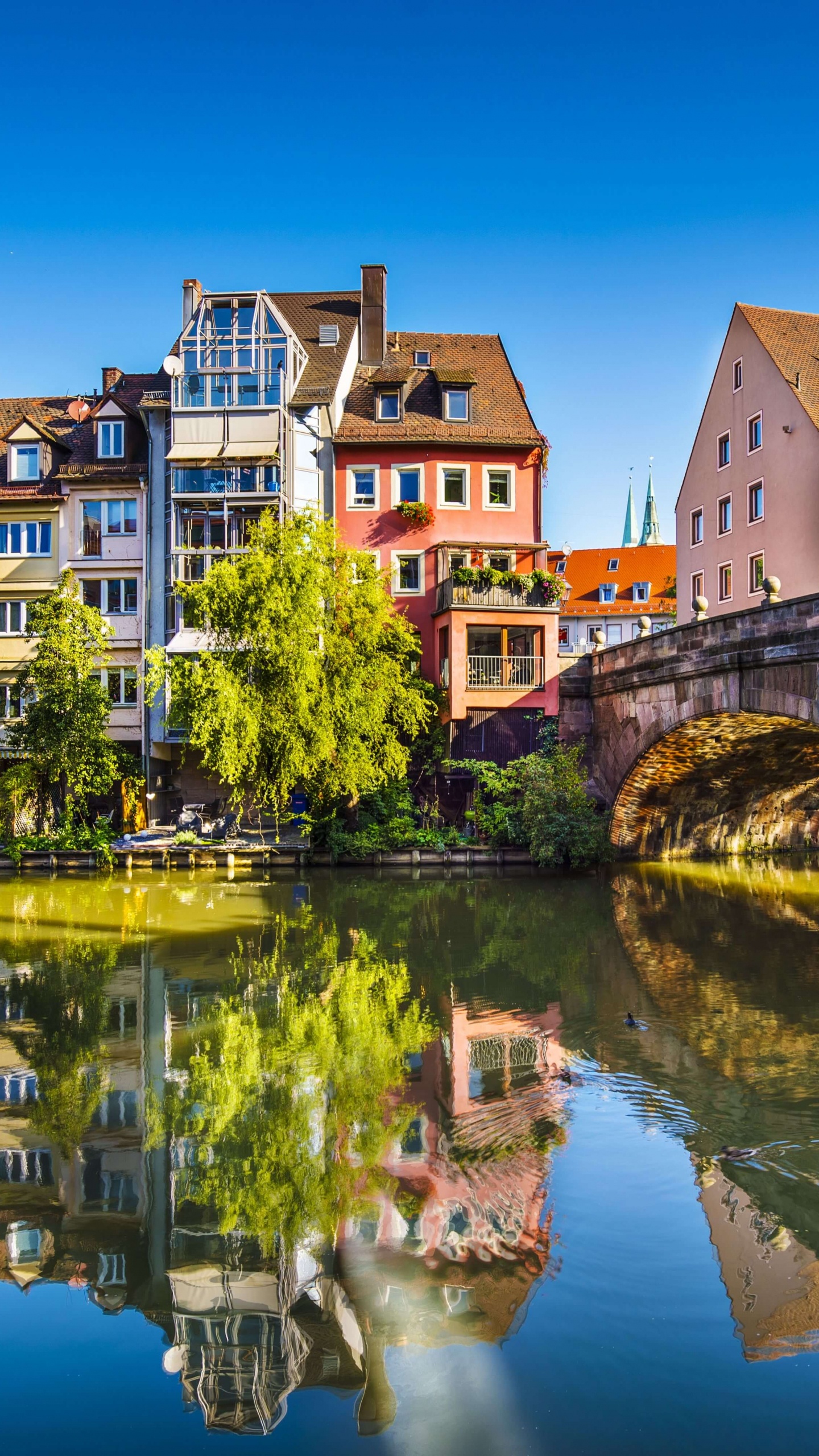 Обои поезд, отражение, водный путь, вода, канал в разрешении 1440x2560