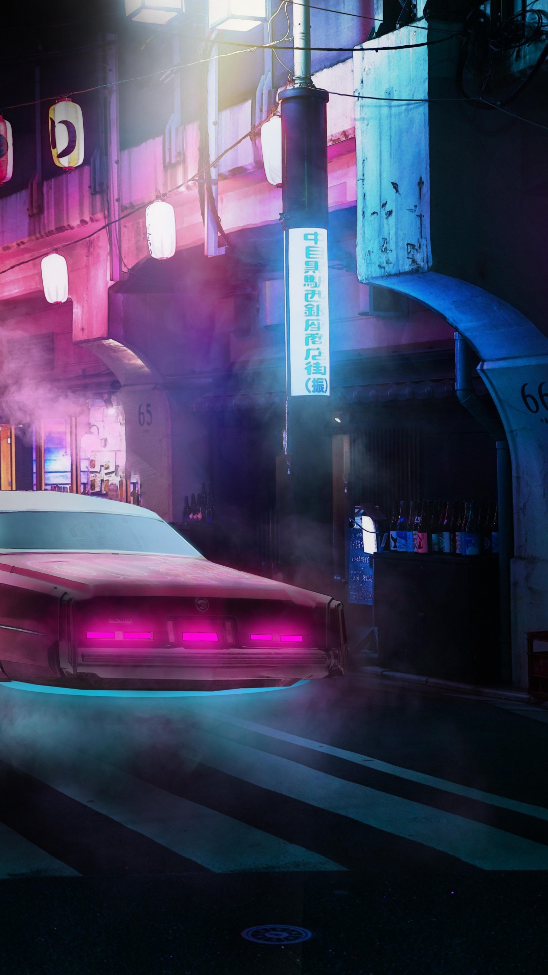 Обои ночь, легковые автомобили, автомобильное освещение, шина, пурпур в разрешении 1080x1920