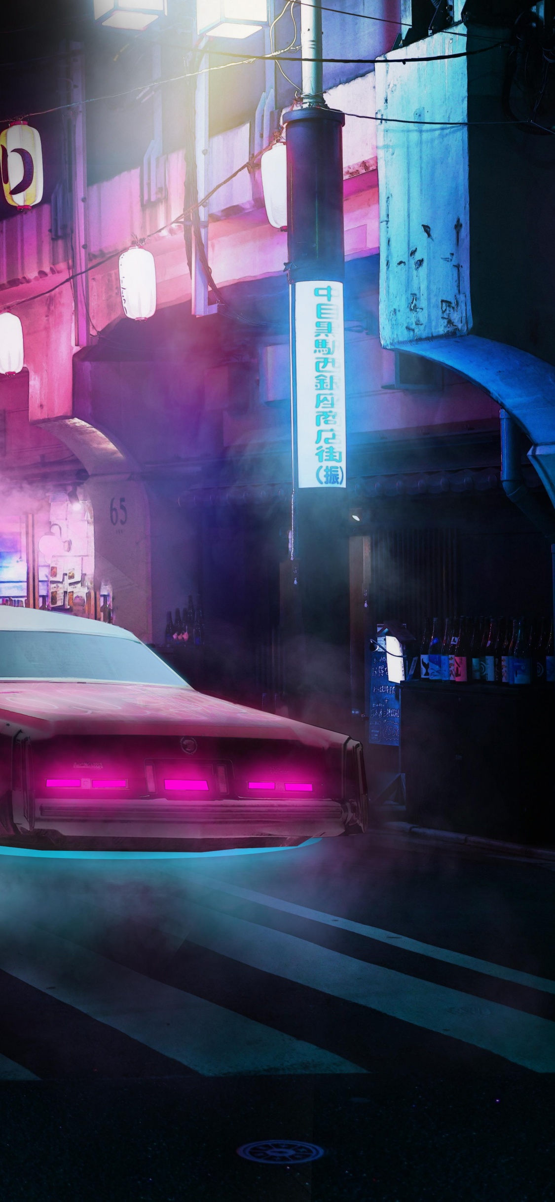 Обои ночь, легковые автомобили, автомобильное освещение, шина, пурпур в разрешении 1125x2436