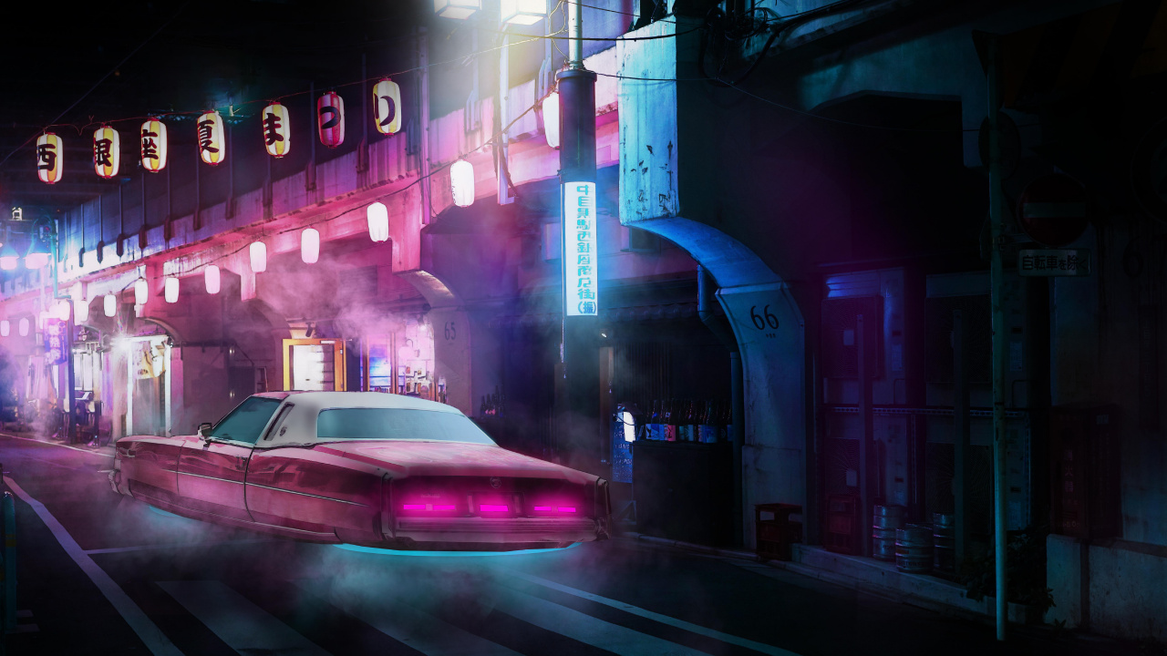 Обои ночь, легковые автомобили, автомобильное освещение, шина, пурпур в разрешении 1280x720