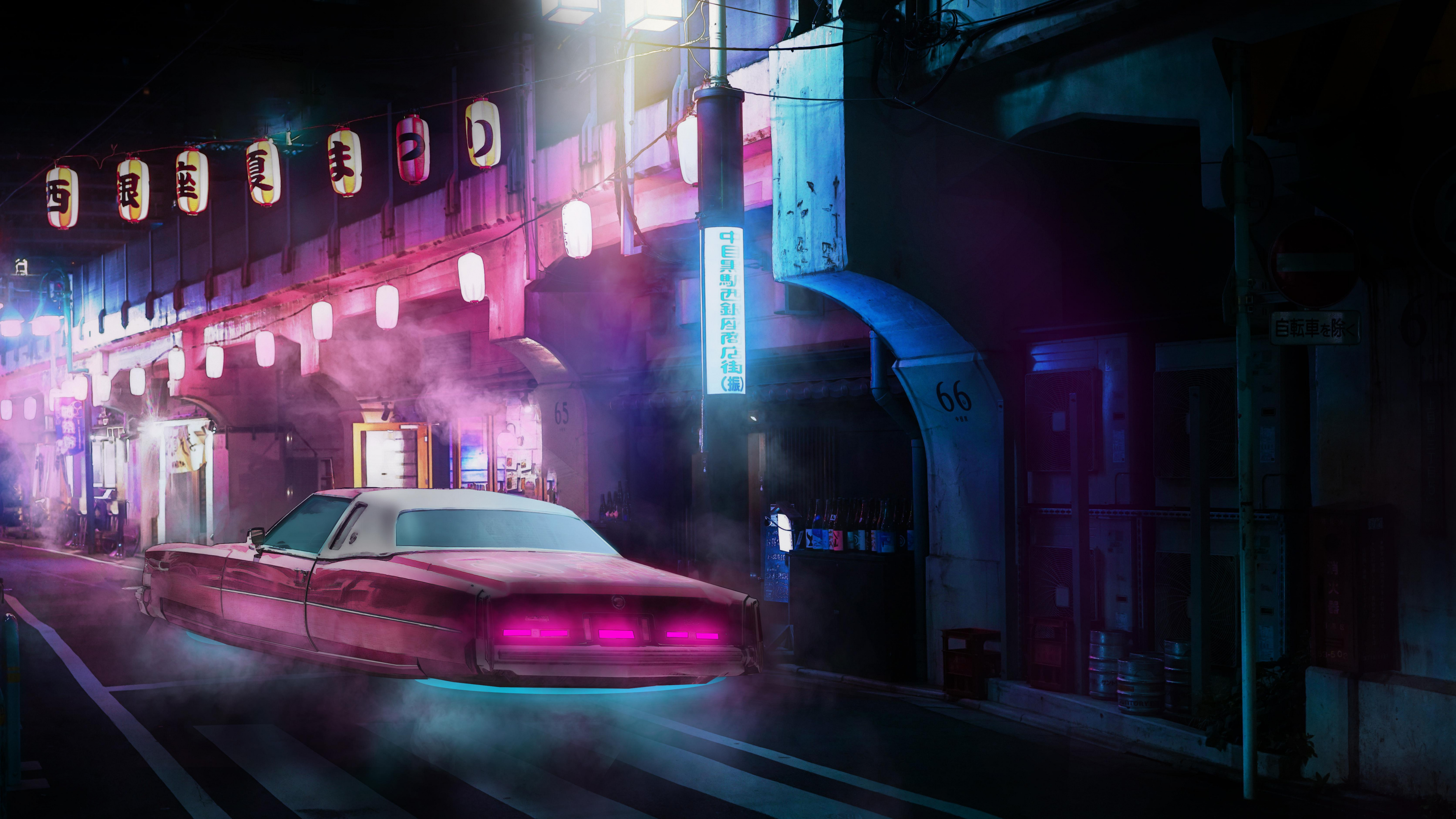 Обои ночь, легковые автомобили, автомобильное освещение, шина, пурпур в разрешении 3840x2160