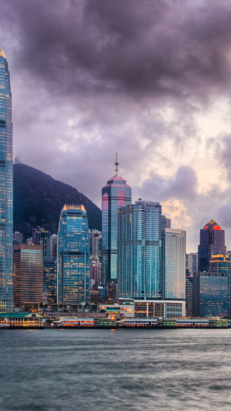 Обои Гавань Виктория, пик Виктория, городской пейзаж, город, линия горизонта в разрешении 750x1334