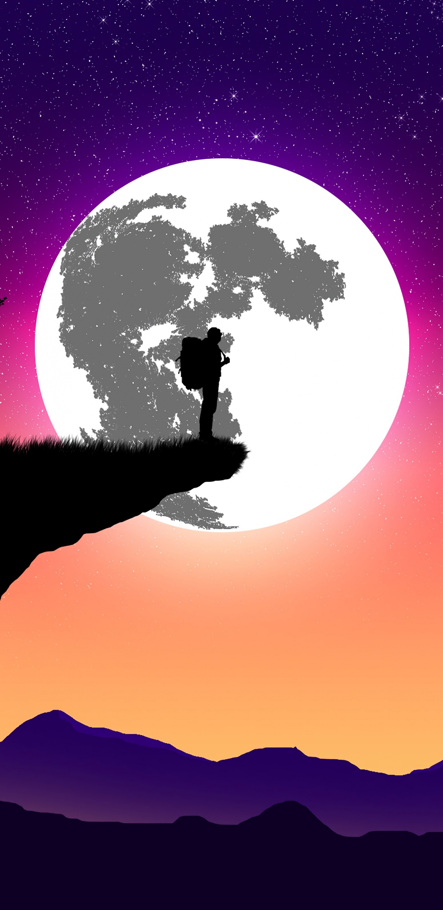Обои Луна искусства, цифровое искусство, рисование, силуэт, арт в разрешении 1440x2960