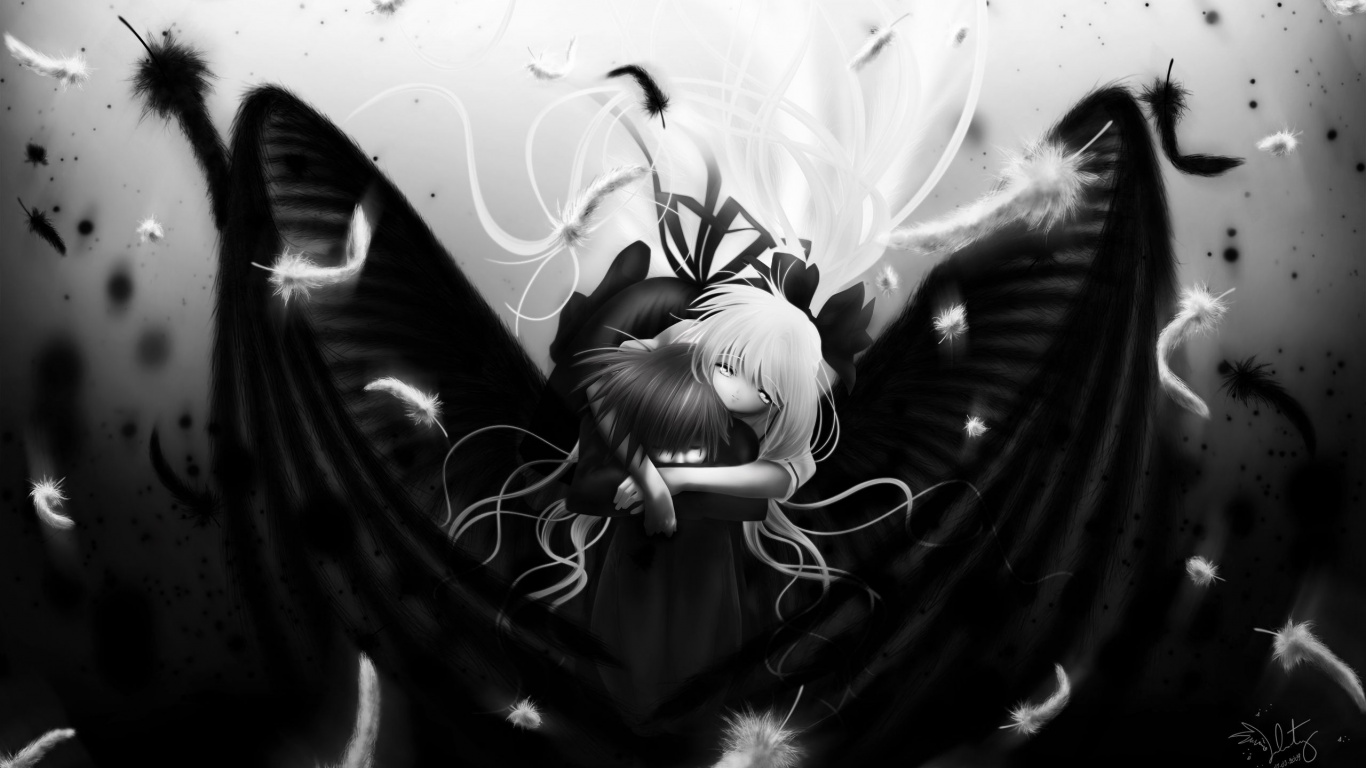 Обои эмо, аниме, черный, монохромный, Ангелов Перо в разрешении 1366x768