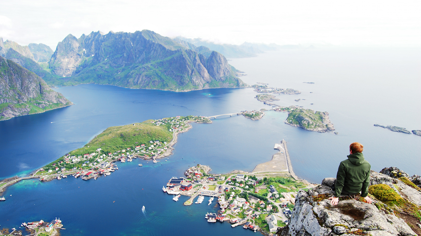 Обои Лофотен, фьорд, мыс, вход, туризм в разрешении 1366x768