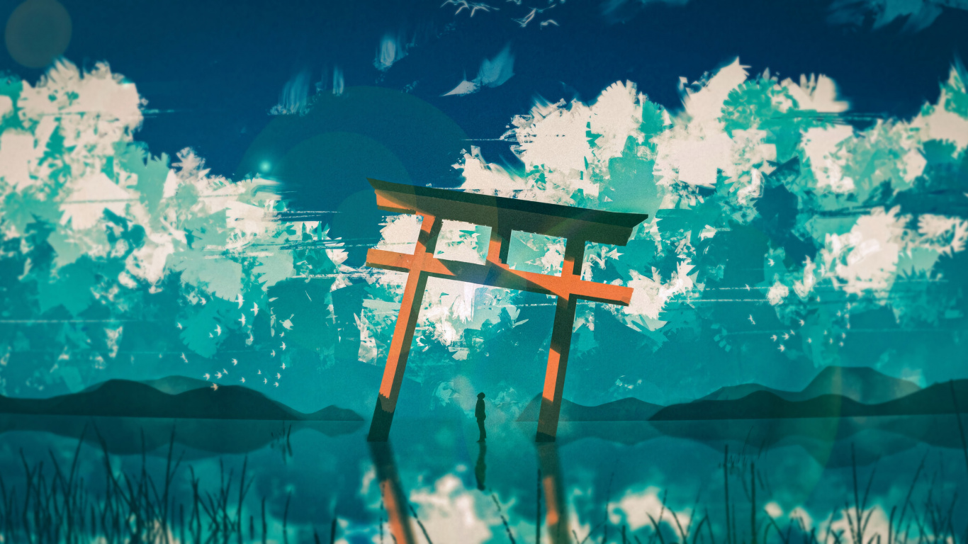 Обои тории, зеленый, дерево, арт, природа в разрешении 1366x768