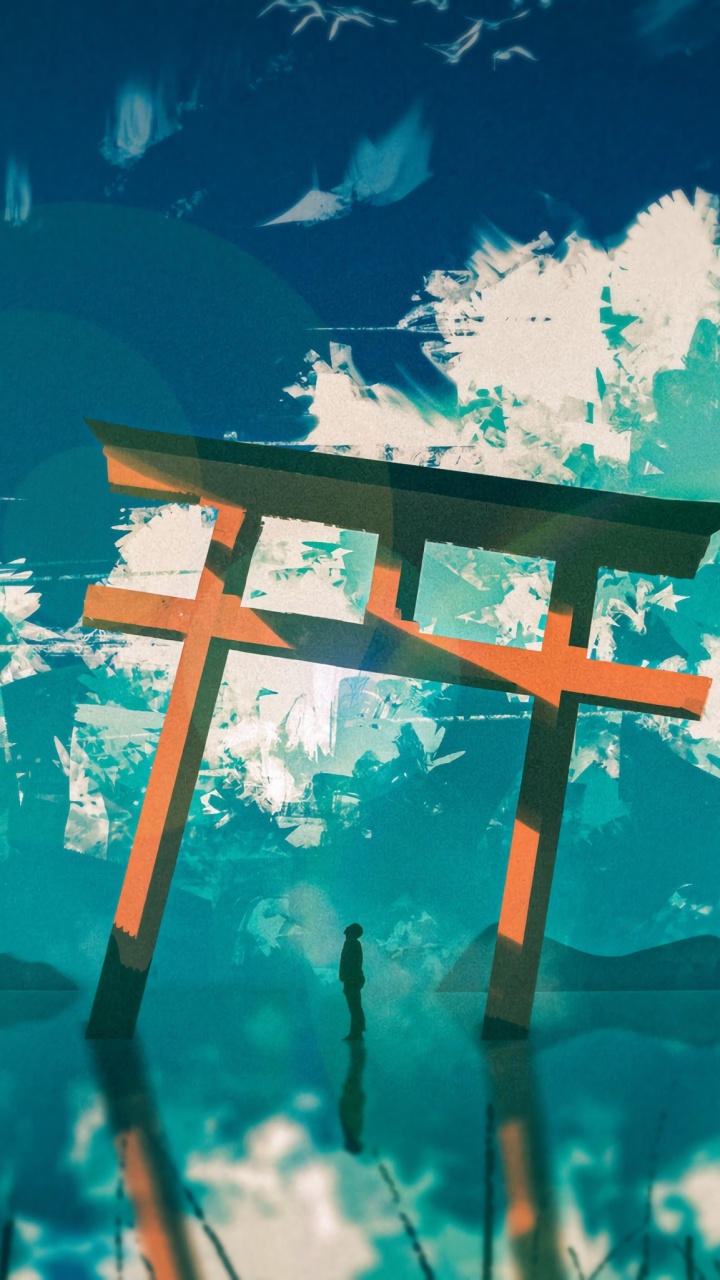 Обои тории, зеленый, дерево, арт, природа в разрешении 720x1280