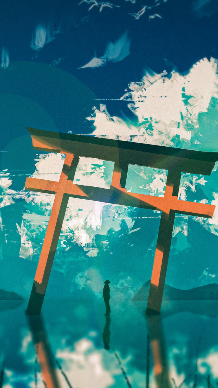 Обои тории, зеленый, дерево, арт, природа в разрешении 750x1334