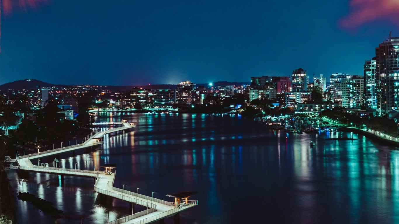 Обои австралия, городской пейзаж, город, ночь, вода в разрешении 1366x768