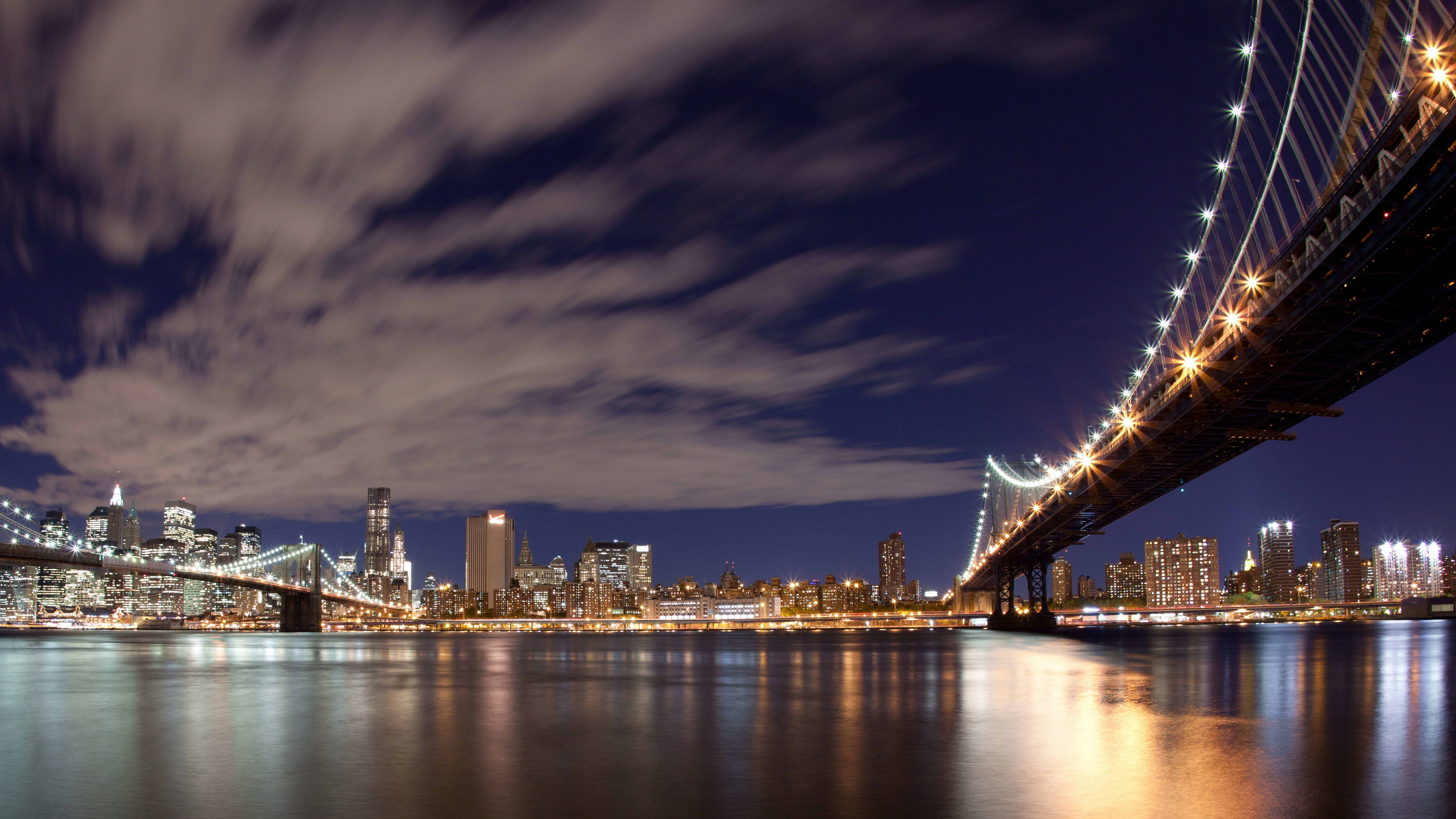 Обои Бруклинский мост, городской пейзаж, город, линия горизонта, ориентир в разрешении 7680x4320