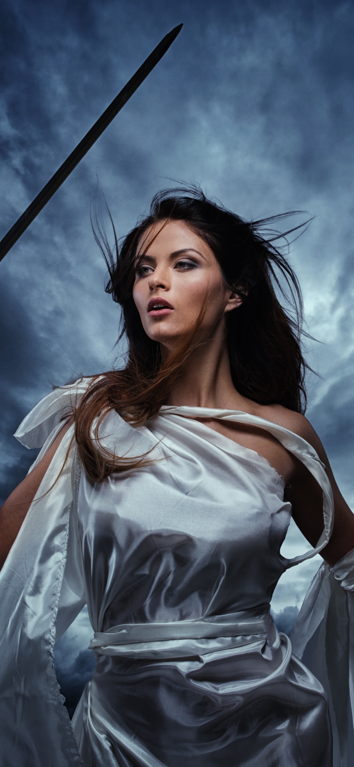 Обои Леди Справедливость, красота, Цифровой композитинг, темнота, меч в разрешении 1242x2688