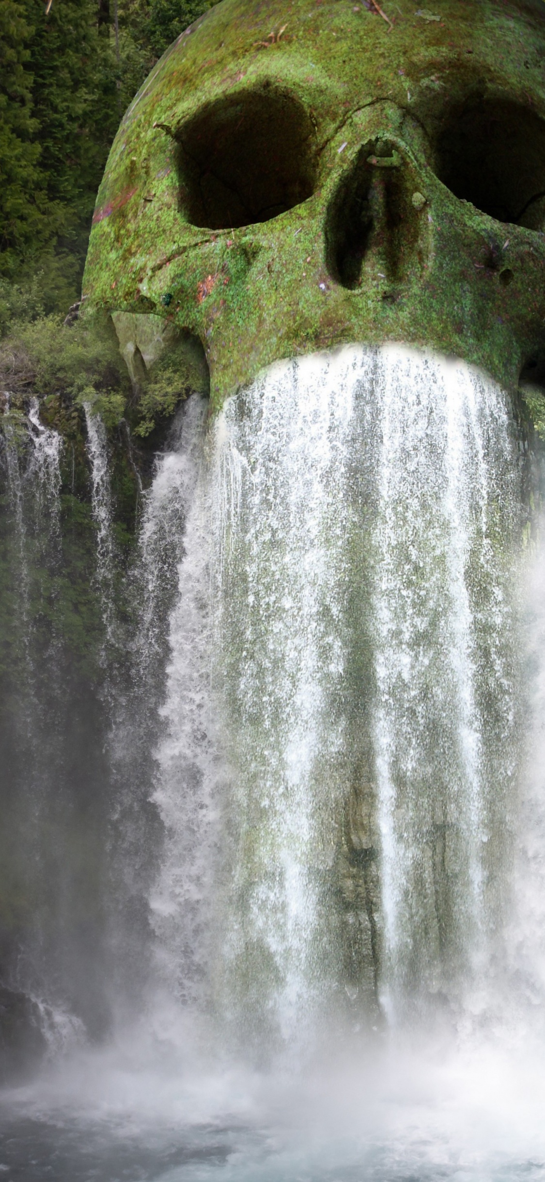 Обои череп водопад концепт арт, занавес, водопад, дизайн, арт в разрешении 1125x2436