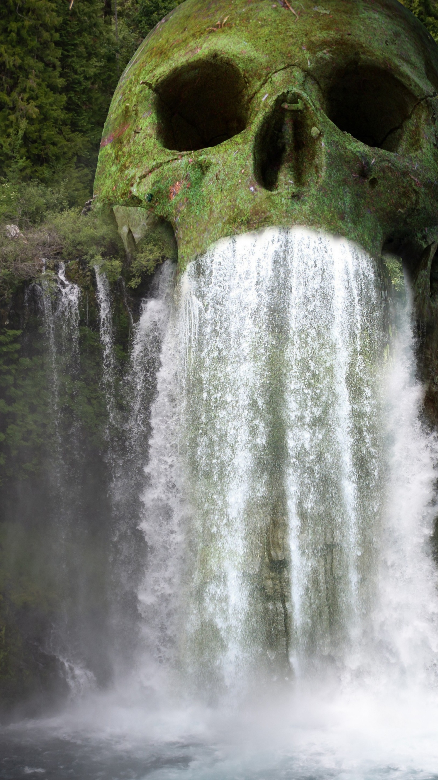 Обои череп водопад концепт арт, занавес, водопад, дизайн, арт в разрешении 1440x2560