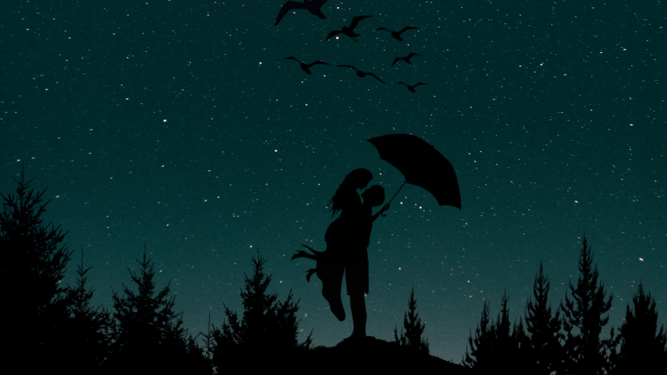 Обои луна, силуэт, роман, ночь, полумесяц в разрешении 1366x768