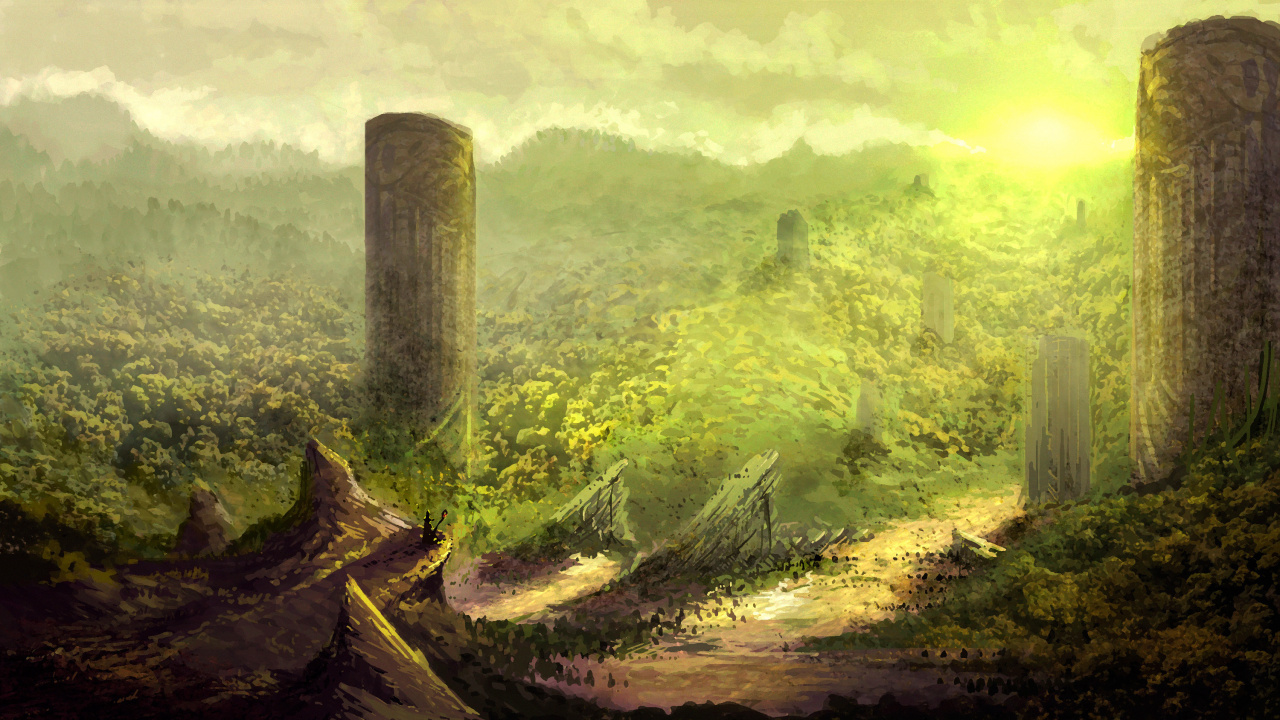 Обои арт, фантастическое искусство, живопись, лес, солнечный свет в разрешении 1280x720
