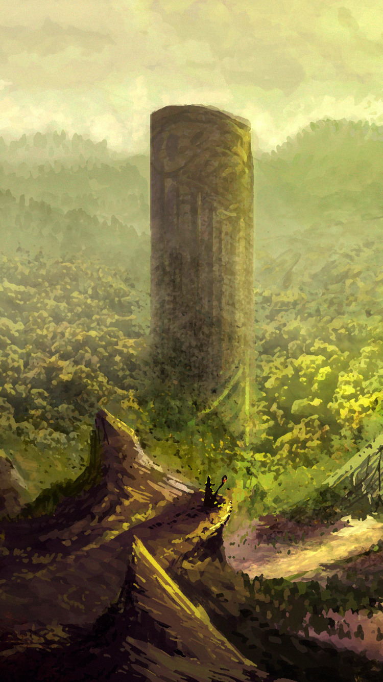 Обои арт, фантастическое искусство, живопись, лес, солнечный свет в разрешении 750x1334