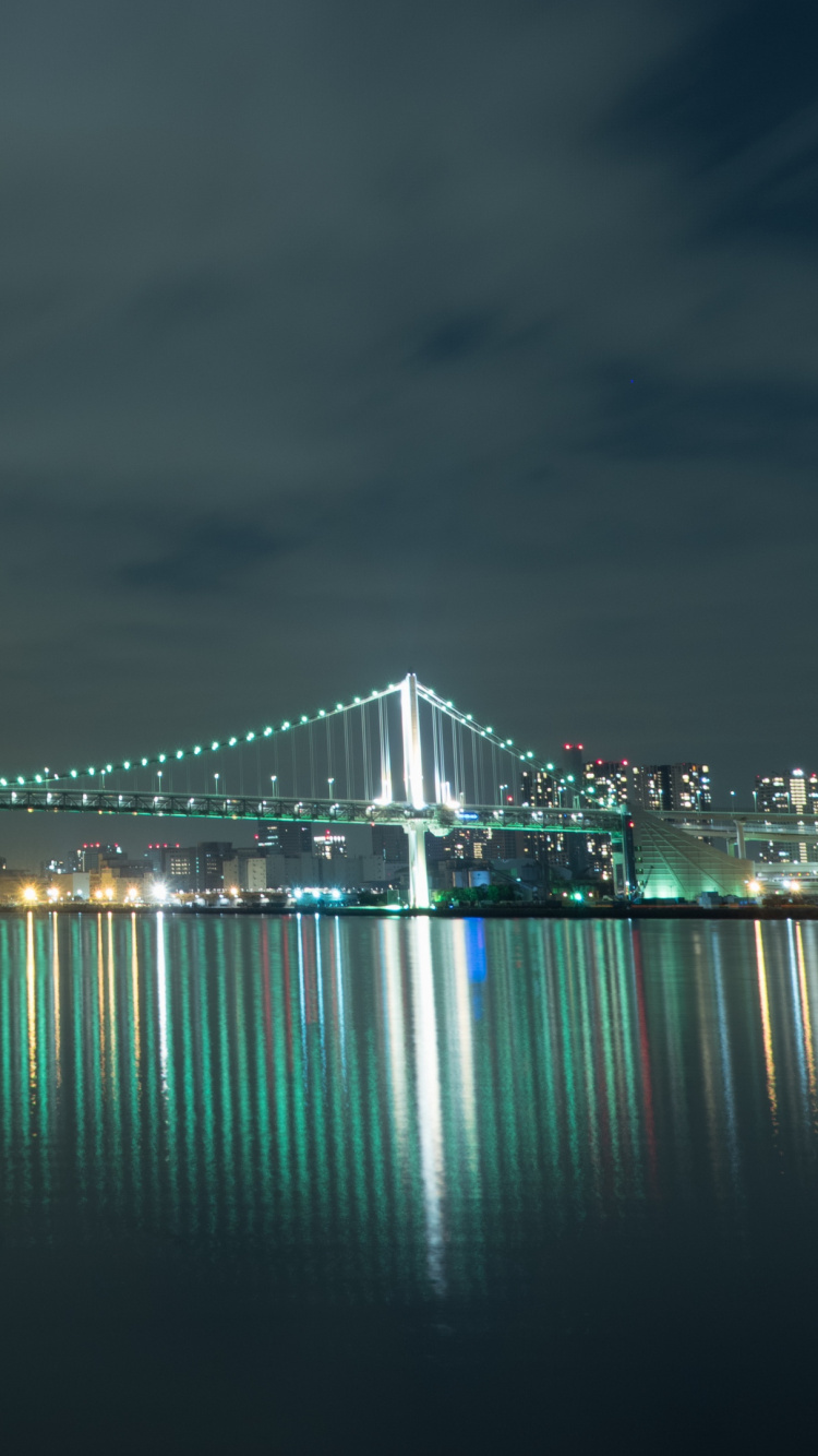 Обои мост, ночь, вода, ориентир, небо в разрешении 750x1334