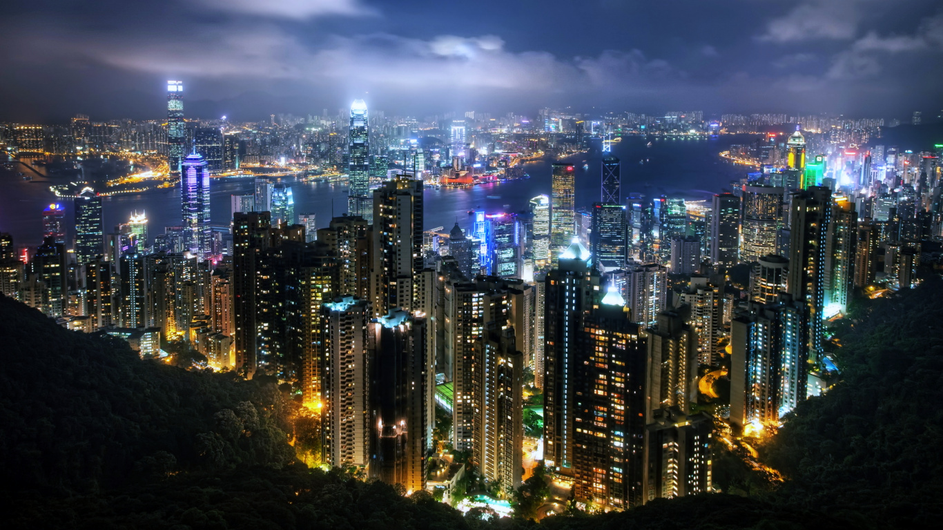 Обои Гавань Виктория, пик Виктория, ночь, городской пейзаж, метрополия в разрешении 1366x768