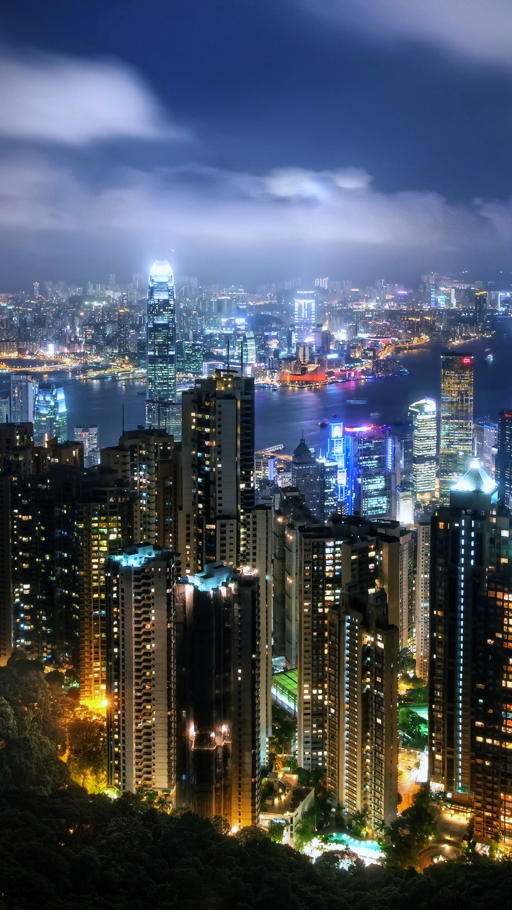 Обои Гавань Виктория, пик Виктория, ночь, городской пейзаж, метрополия в разрешении 720x1280
