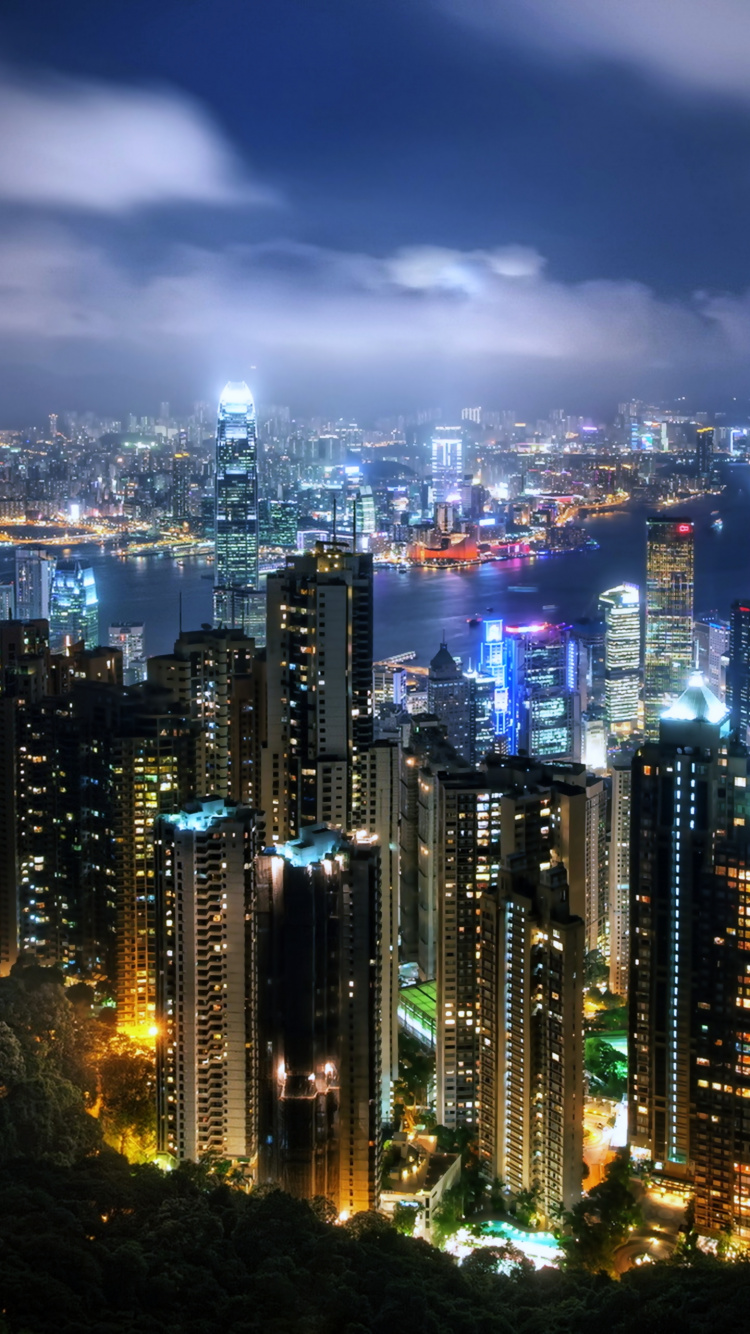 Обои Гавань Виктория, пик Виктория, ночь, городской пейзаж, метрополия в разрешении 750x1334