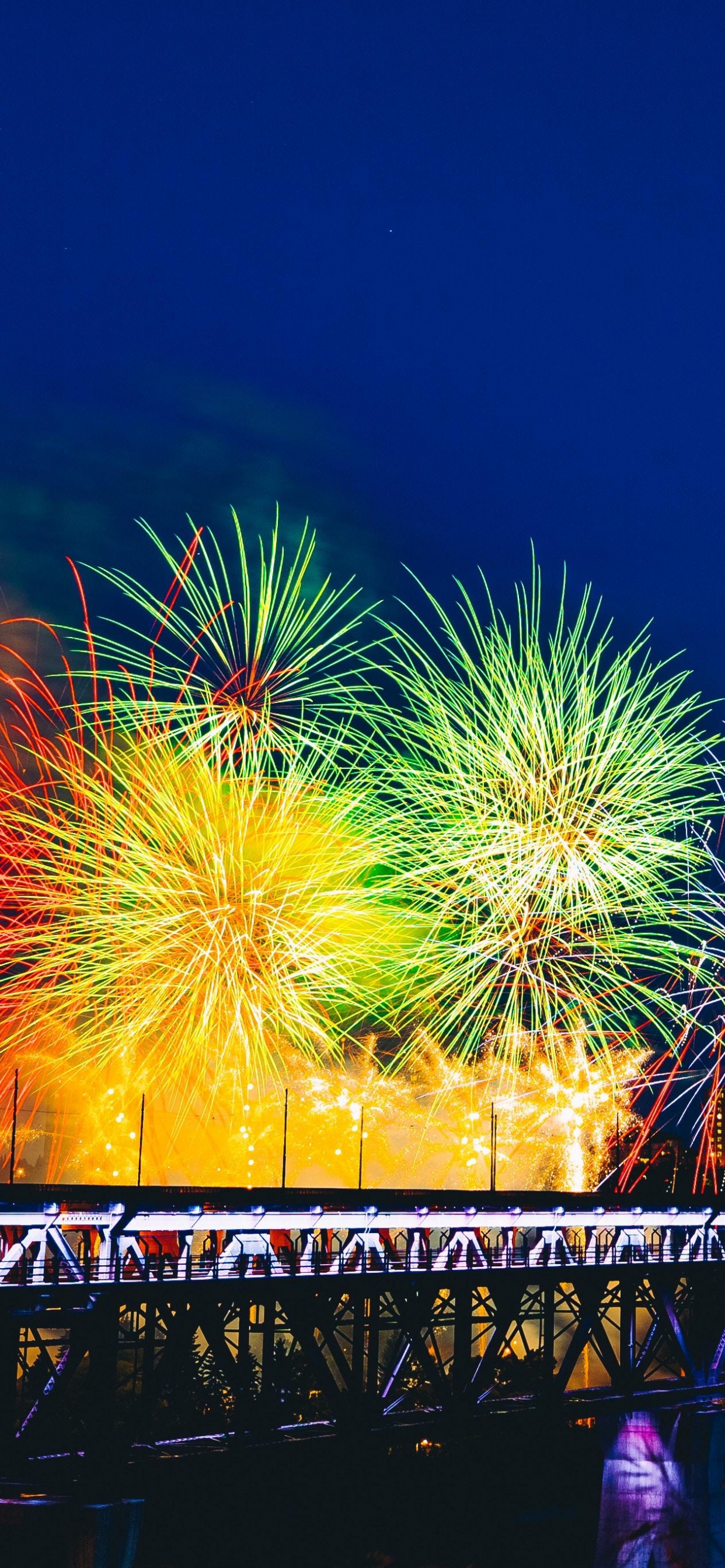 Обои салют, ночь, фестиваль, природа, городской пейзаж в разрешении 1242x2688
