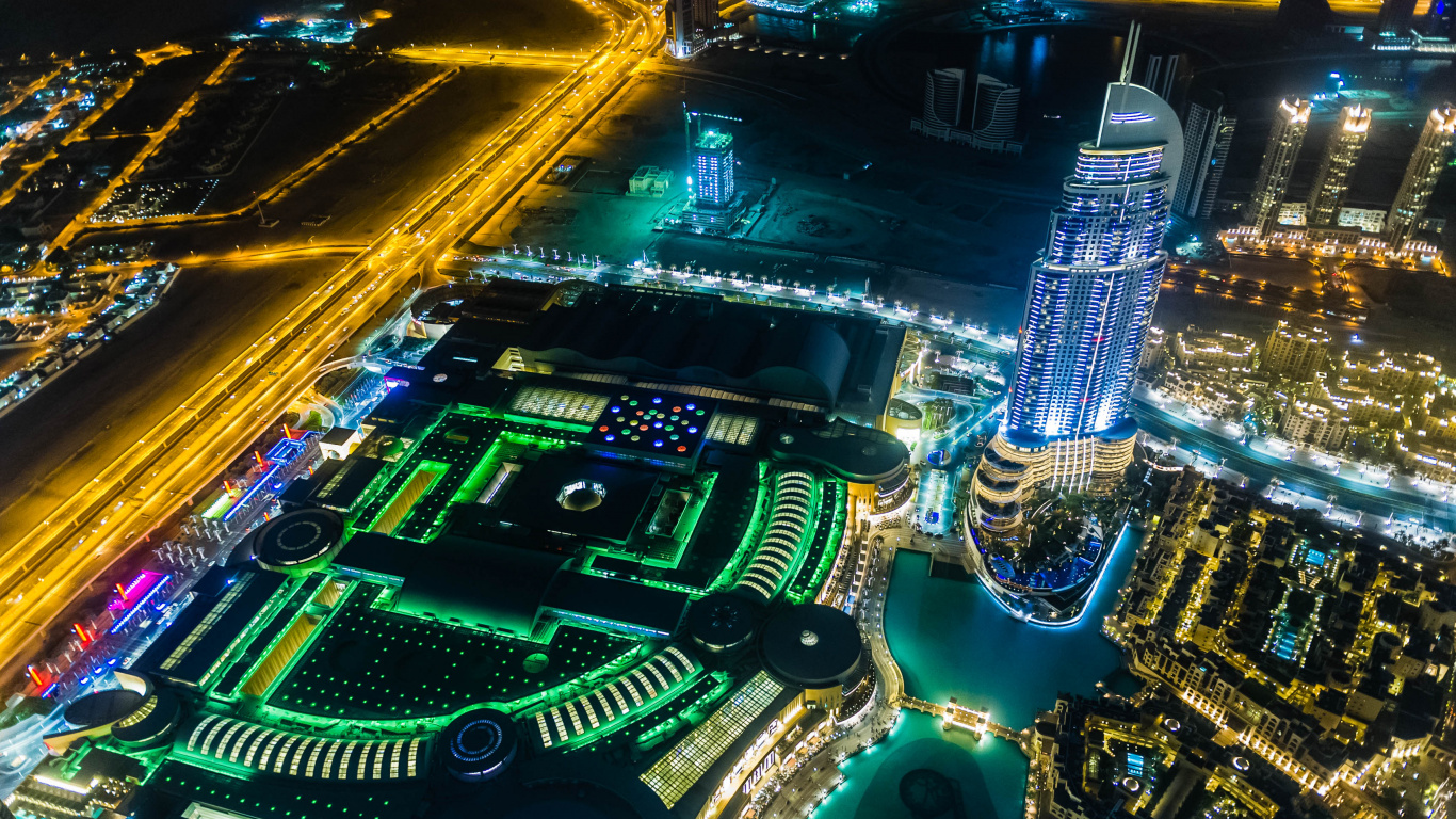 Обои Бурдж Халифа, город, метрополия, ночь, городской район в разрешении 1366x768