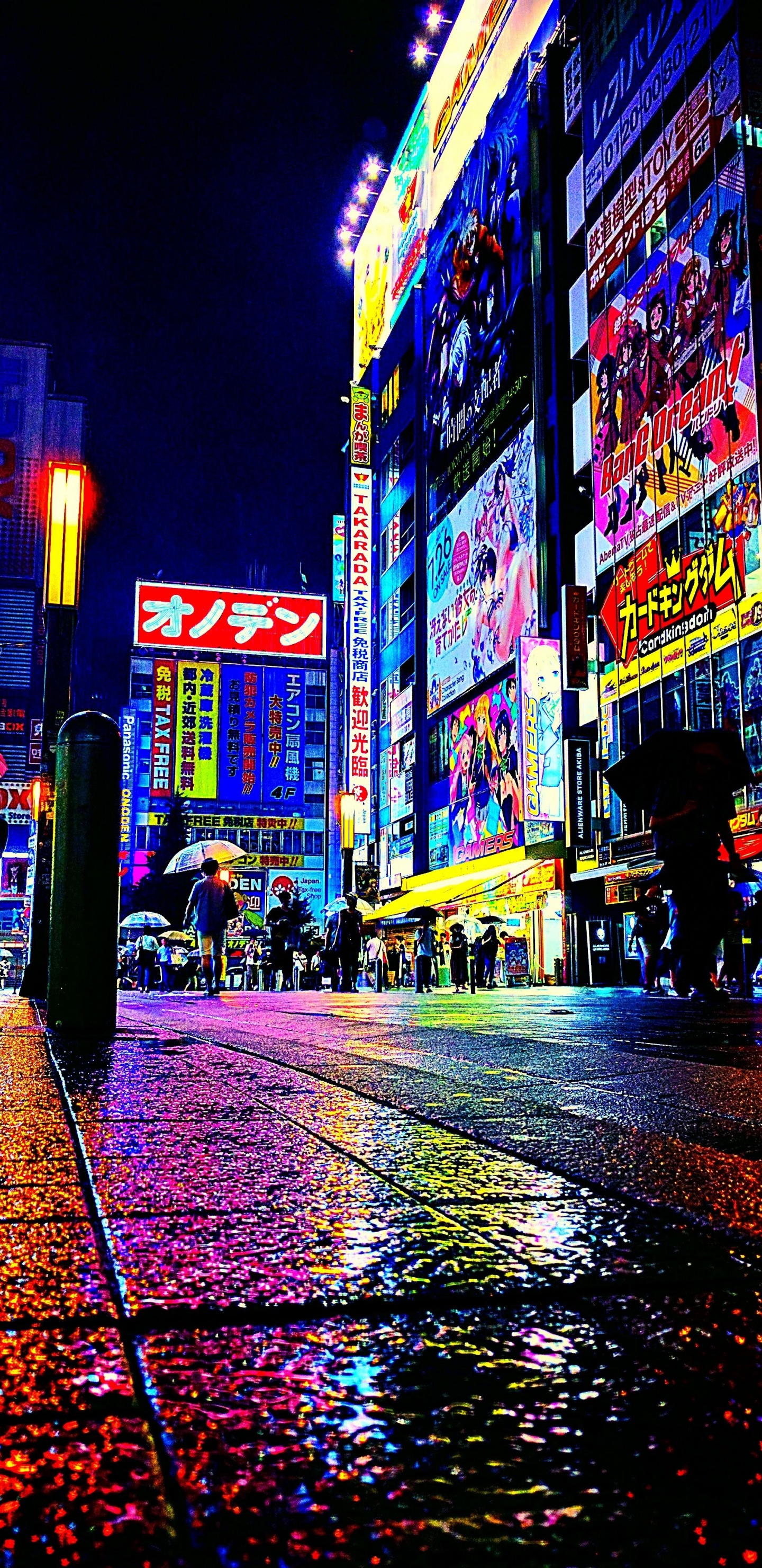 Обои Акихабара, ночь, метрополия, городской район, город в разрешении 1440x2960