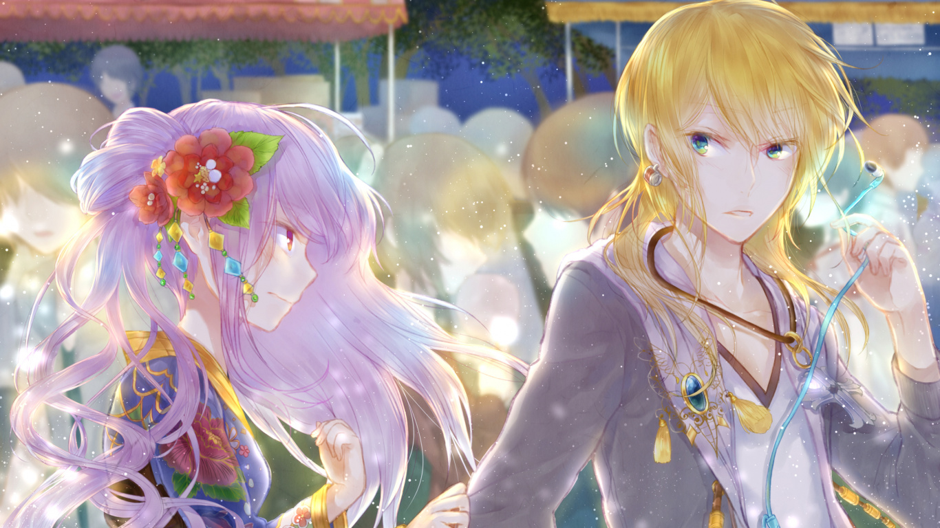 Обои аниме, мультфильм, длинные волосы, растение, ангел в разрешении 1366x768