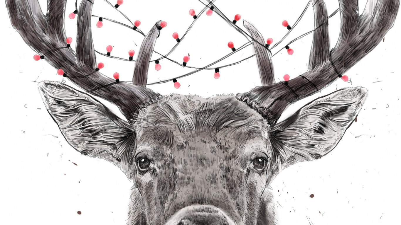 Обои Северный олень, олень, лось, Рождество, арт в разрешении 1366x768