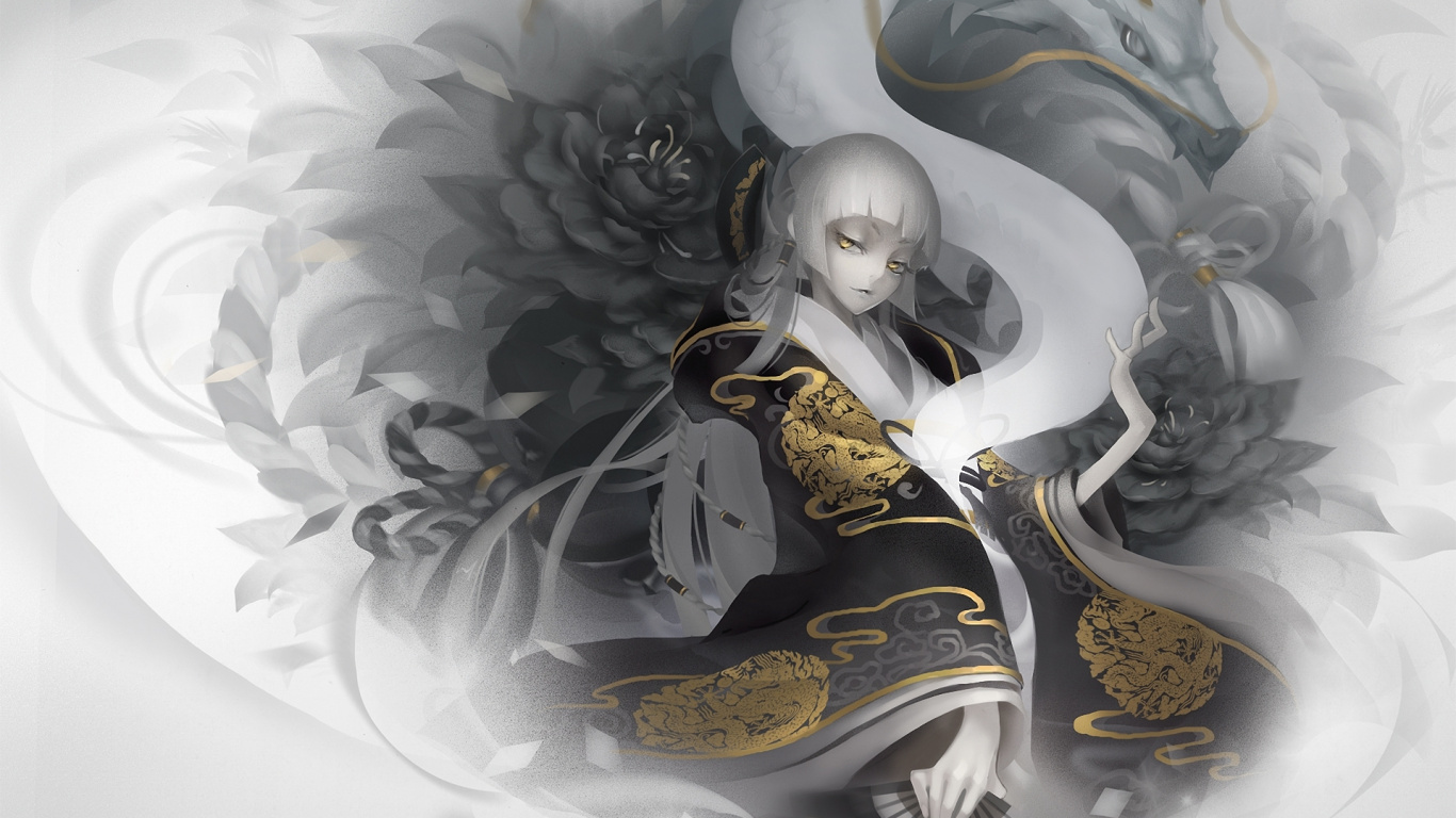 Обои дракон, иллюстрация, мифология, девушка, мифическое существо в разрешении 1366x768