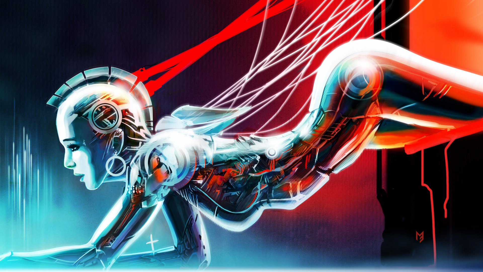 Обои робот, киборг, графический дизайн, иллюстрация, девушка в разрешении 1920x1080