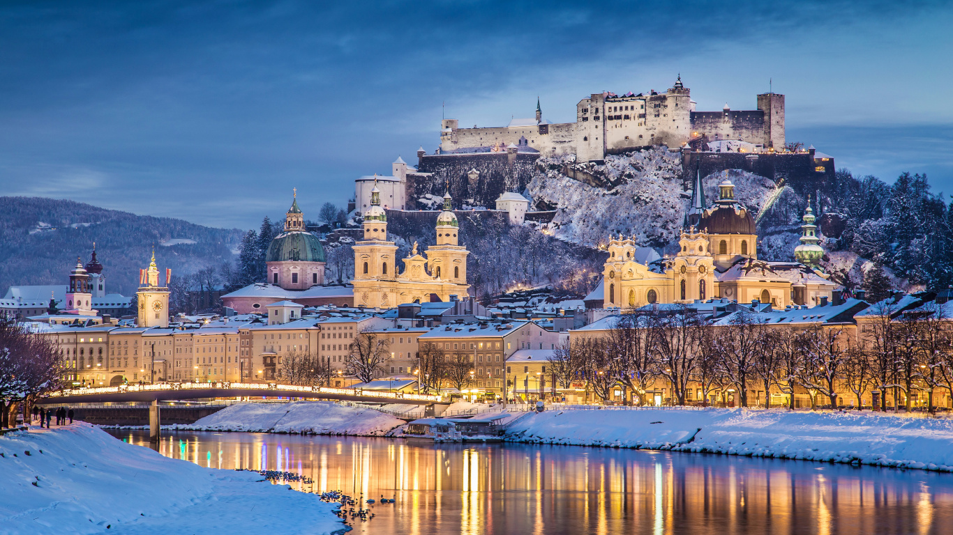 Обои городок, замок, зима, город, отражение в разрешении 1366x768