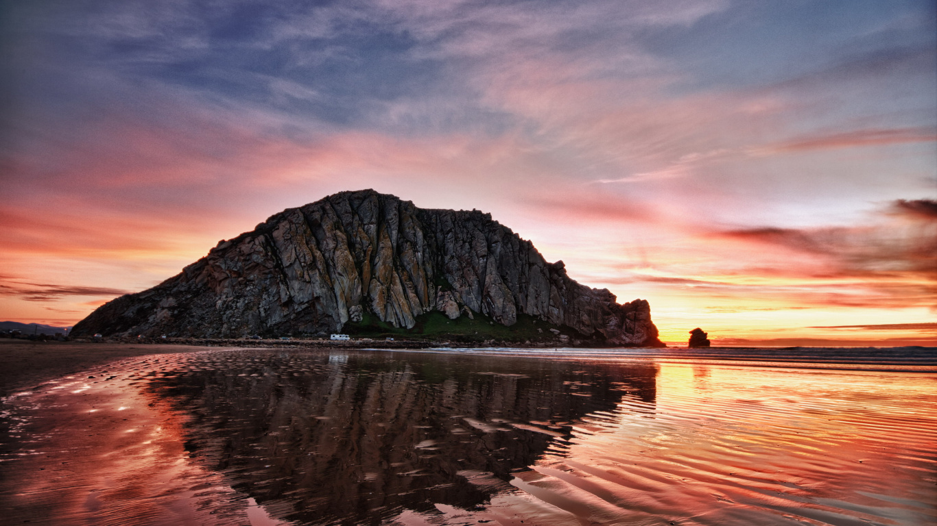 Обои закат, природа, море, отражение, горизонт в разрешении 1366x768