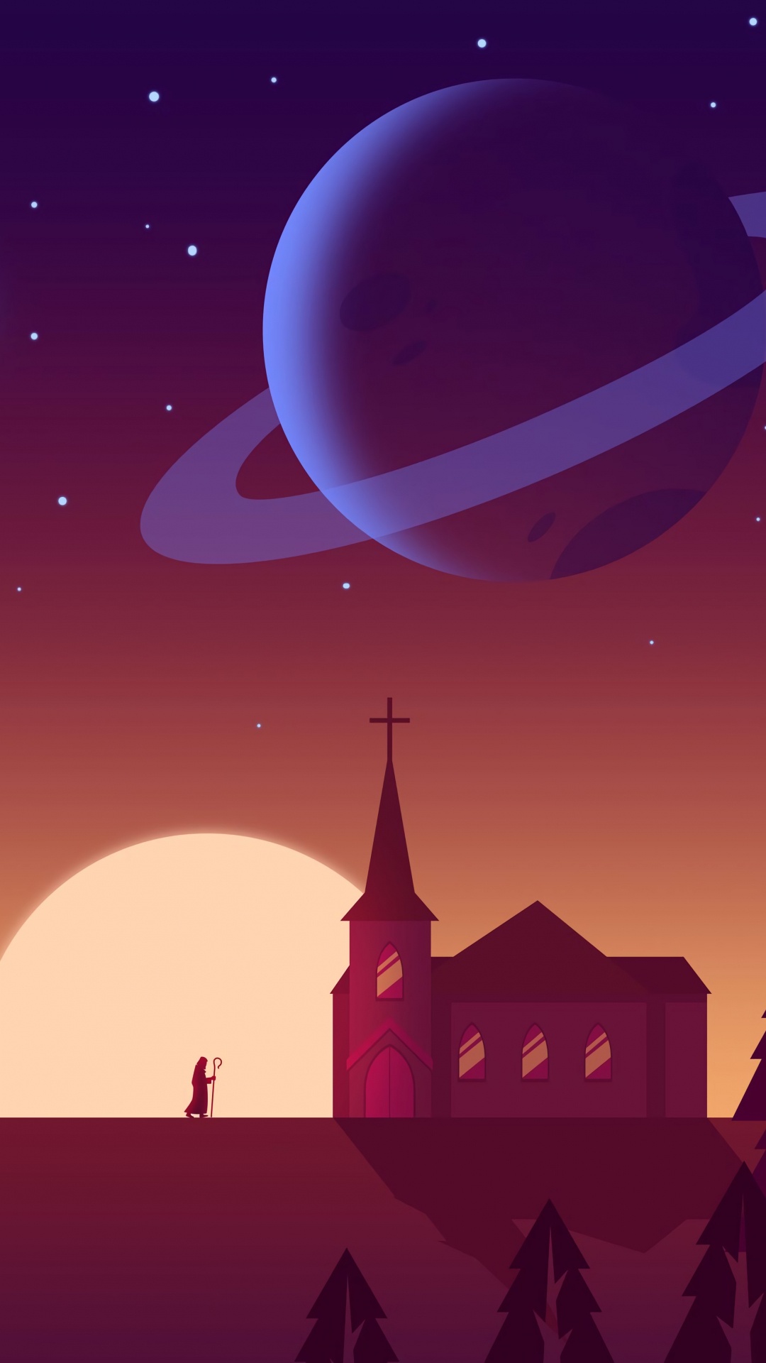 Обои иллюстрация, силуэт, свет, луна, атмосфера в разрешении 1080x1920