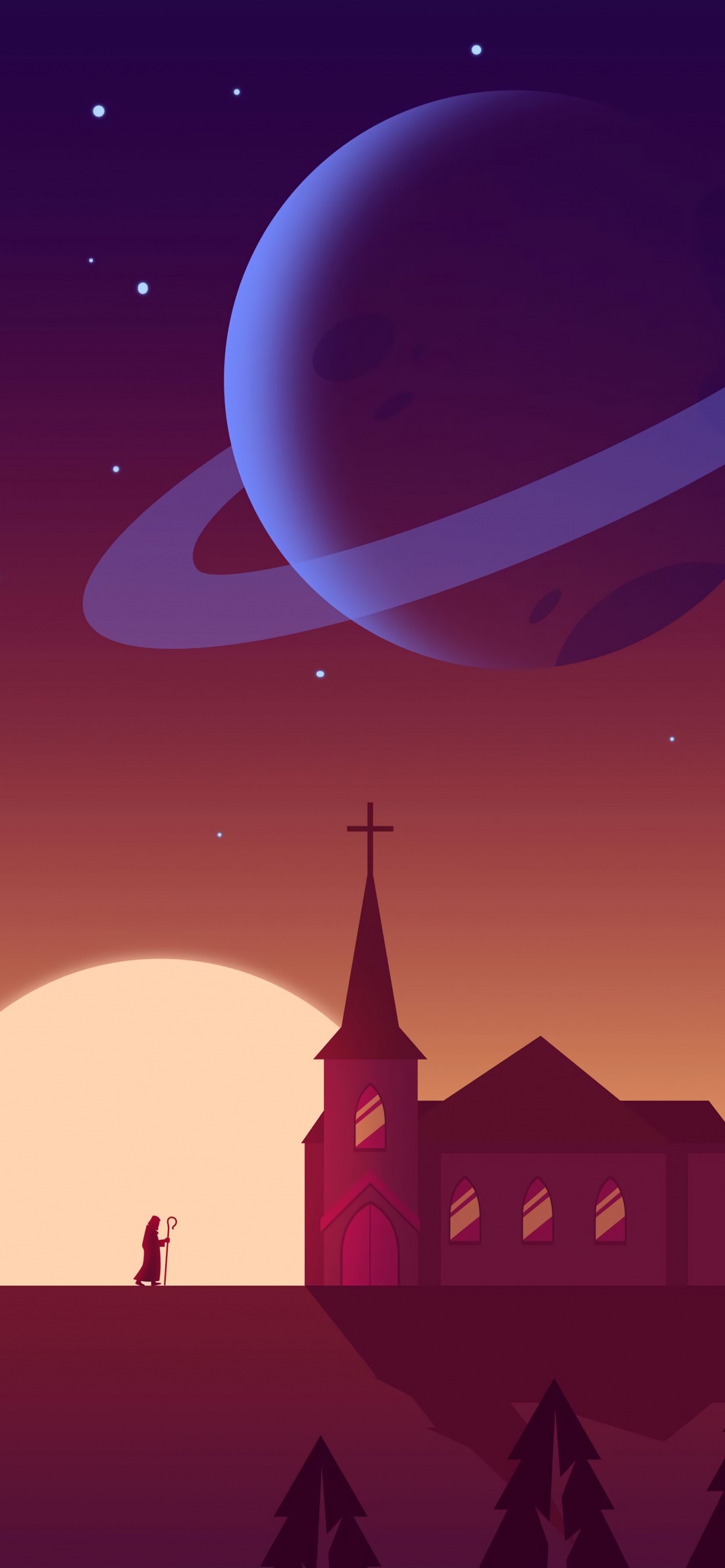 Обои иллюстрация, силуэт, свет, луна, атмосфера в разрешении 1242x2688