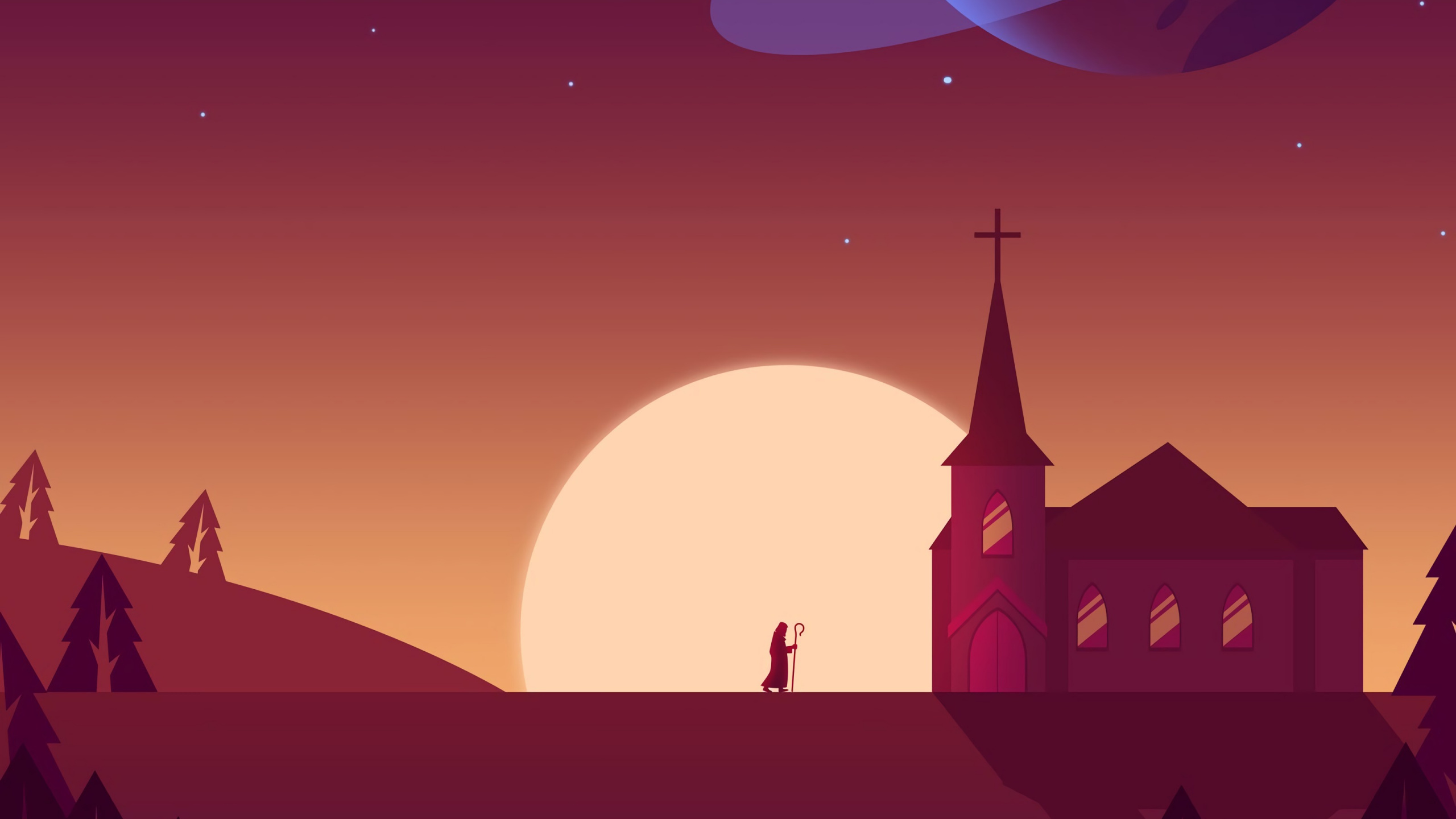 Обои иллюстрация, силуэт, свет, луна, атмосфера в разрешении 2560x1440