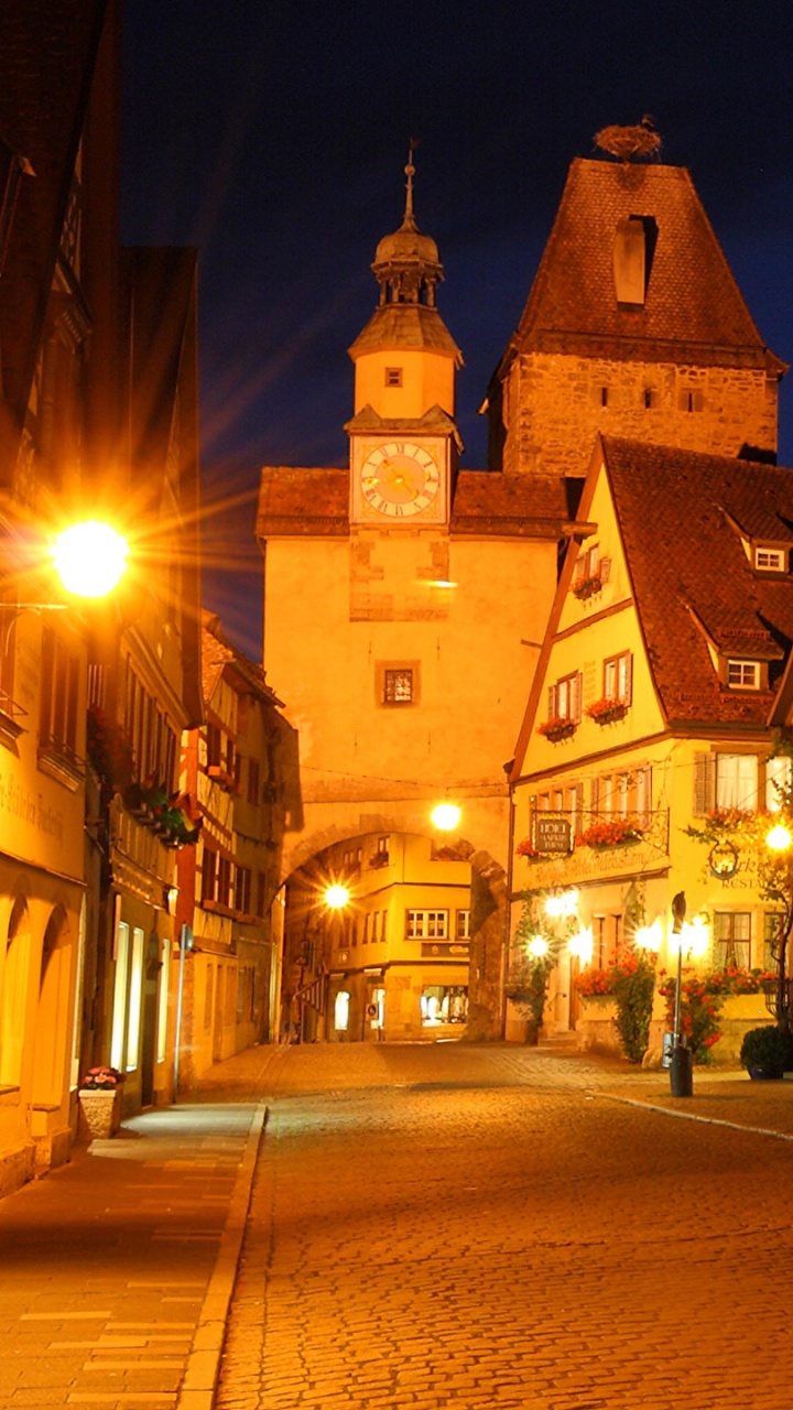 Обои markusturm отель, Ротенбург-об-дер-Таубер, городская площадь, ночь, улица в разрешении 720x1280