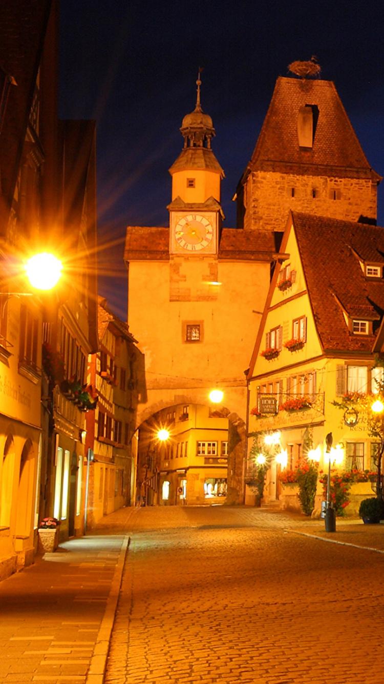 Обои markusturm отель, Ротенбург-об-дер-Таубер, городская площадь, ночь, улица в разрешении 750x1334